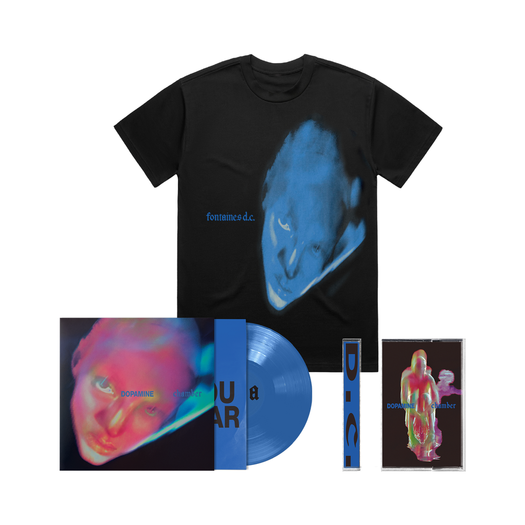 Fontaines DC Dopamine Chamber bundle. A black graphic T-shirt displayed with a blue vinyl record and two album-style covers, all featuring abstract portrait artwork and the text 'fontaines d.c'