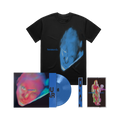 Fontaines DC Dopamine Chamber bundle. A black graphic T-shirt displayed with a blue vinyl record and two album-style covers, all featuring abstract portrait artwork and the text 'fontaines d.c'