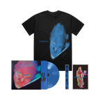 Fontaines DC Dopamine Chamber bundle. A black graphic T-shirt displayed with a blue vinyl record and two album-style covers, all featuring abstract portrait artwork and the text 'fontaines d.c'