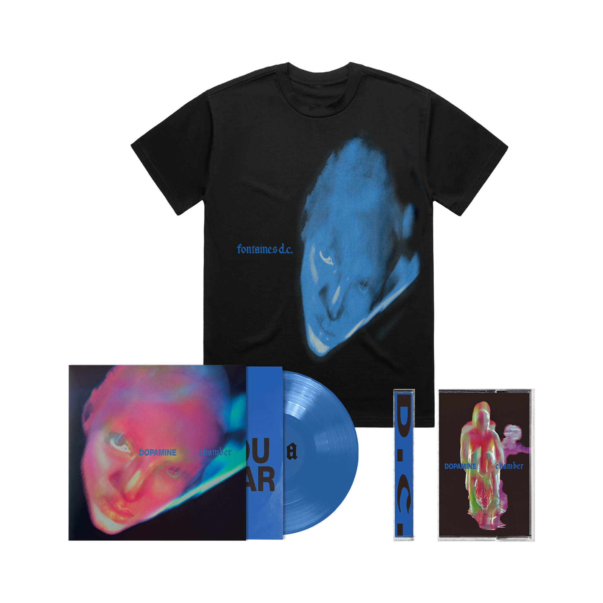 Fontaines DC Dopamine Chamber bundle. A black graphic T-shirt displayed with a blue vinyl record and two album-style covers, all featuring abstract portrait artwork and the text 'fontaines d.c'