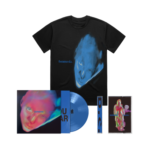 Fontaines DC Dopamine Chamber bundle. A black graphic T-shirt displayed with a blue vinyl record and two album-style covers, all featuring abstract portrait artwork and the text 'fontaines d.c'