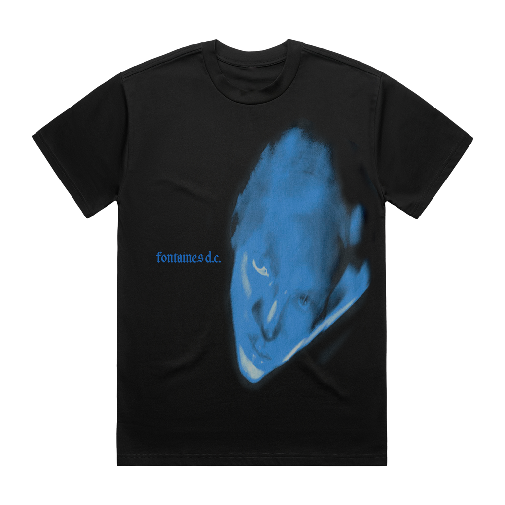 Fontaines DC Dopamine Chamber bundle. A black short-sleeve t-shirt featuring a large blue graphic print of a distorted face on the front, with the text 'fontaines d.c.'