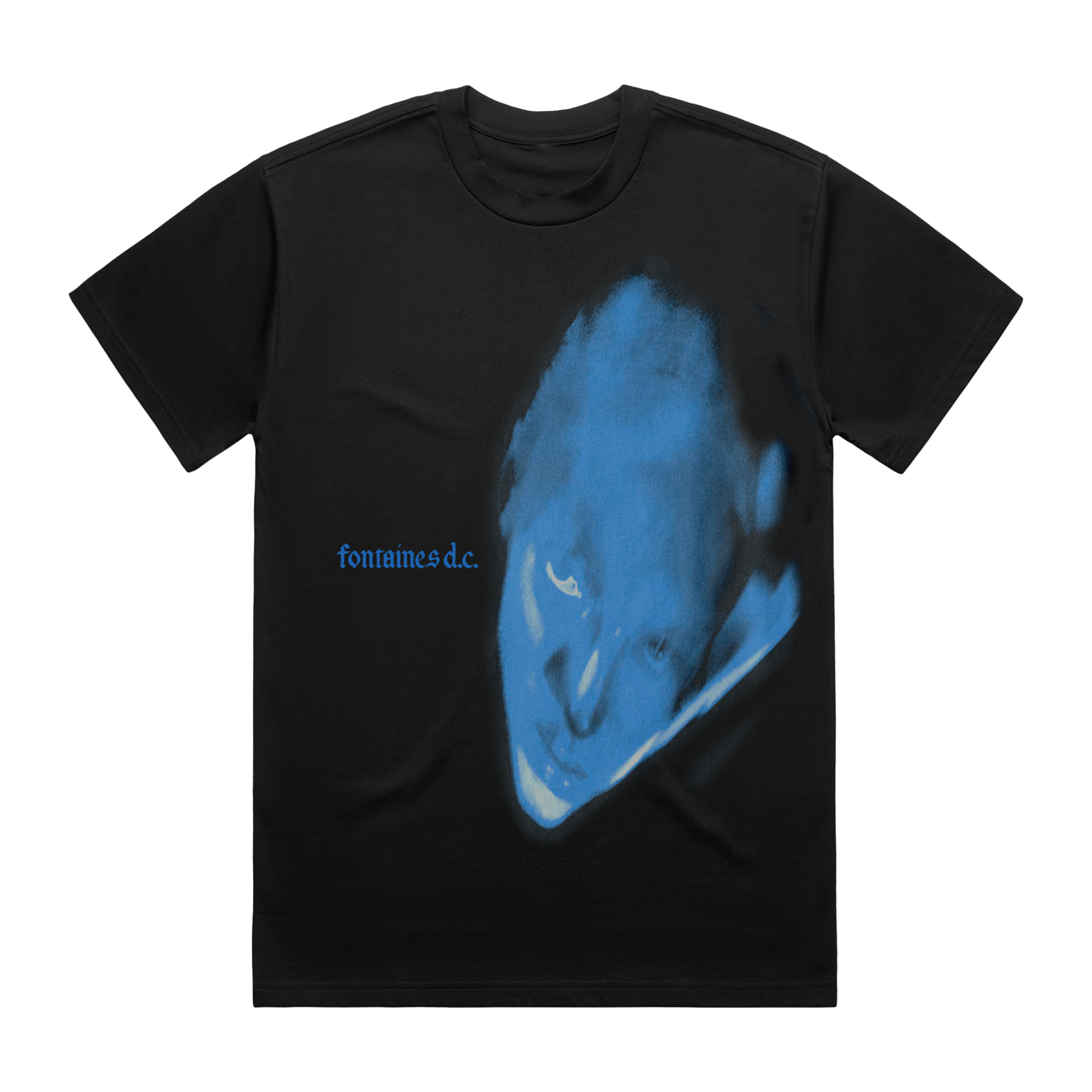 Fontaines DC Dopamine Chamber bundle. A black short-sleeve t-shirt featuring a large blue graphic print of a distorted face on the front, with the text 'fontaines d.c.'
