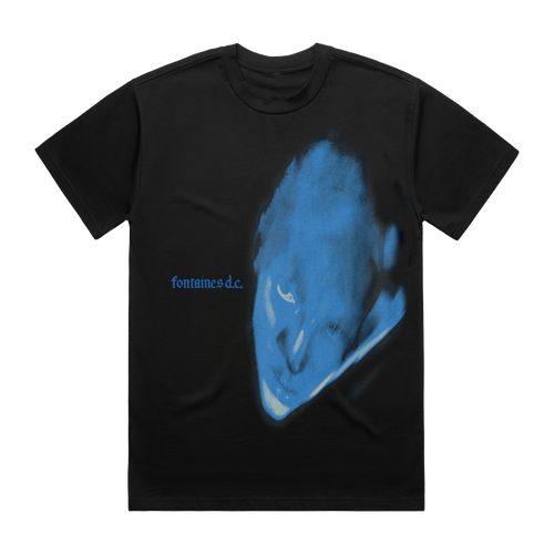 Fontaines DC Dopamine Chamber bundle. A black short-sleeve t-shirt featuring a large blue graphic print of a distorted face on the front, with the text 'fontaines d.c.'
