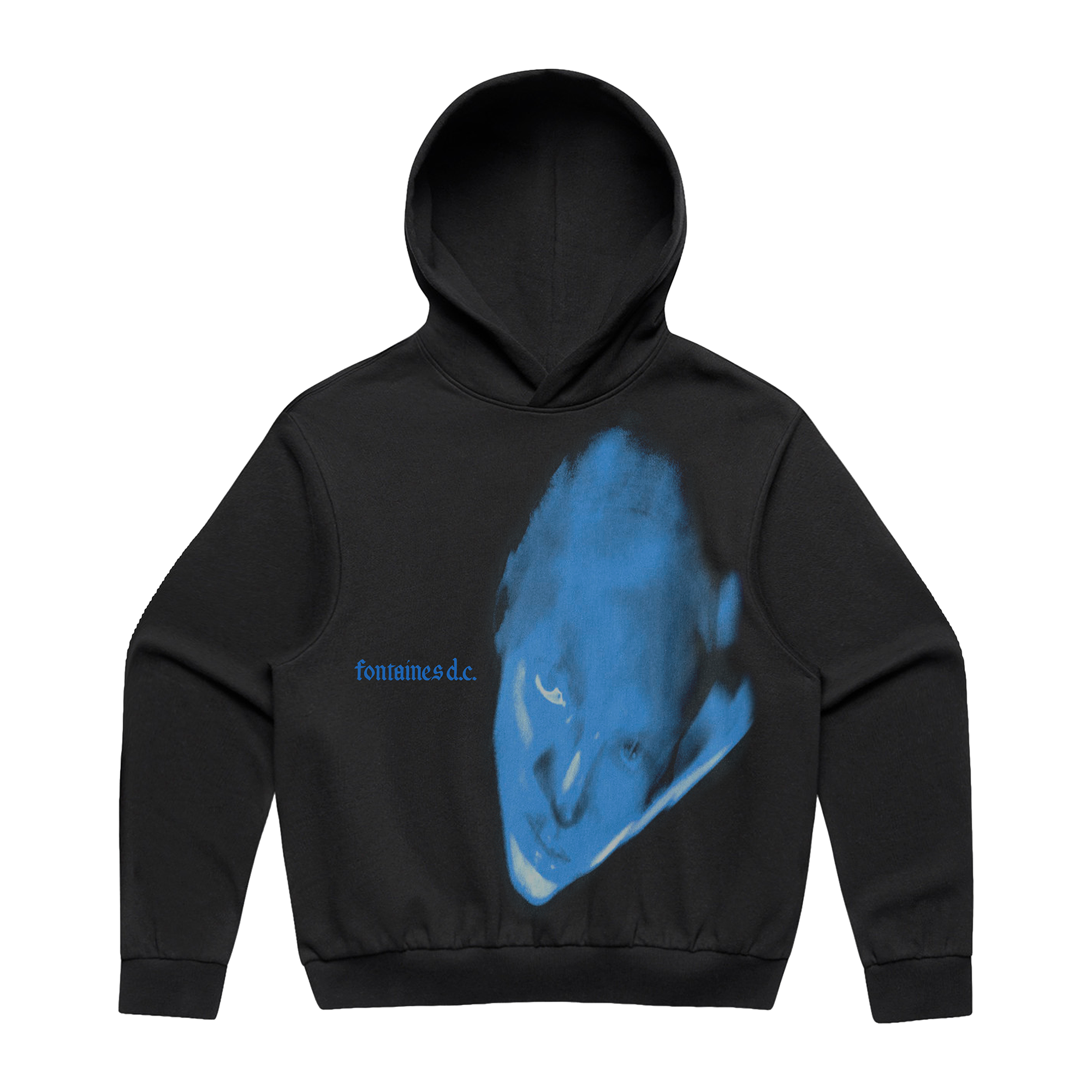 A black pullover hoodie featuring a large blue graphic print of a distorted face on the front, with the text 'fontaines d.c'