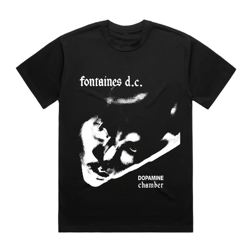 A black short-sleeve graphic t-shirt featuring a white print of a face and the text 'fontaines d.c.'