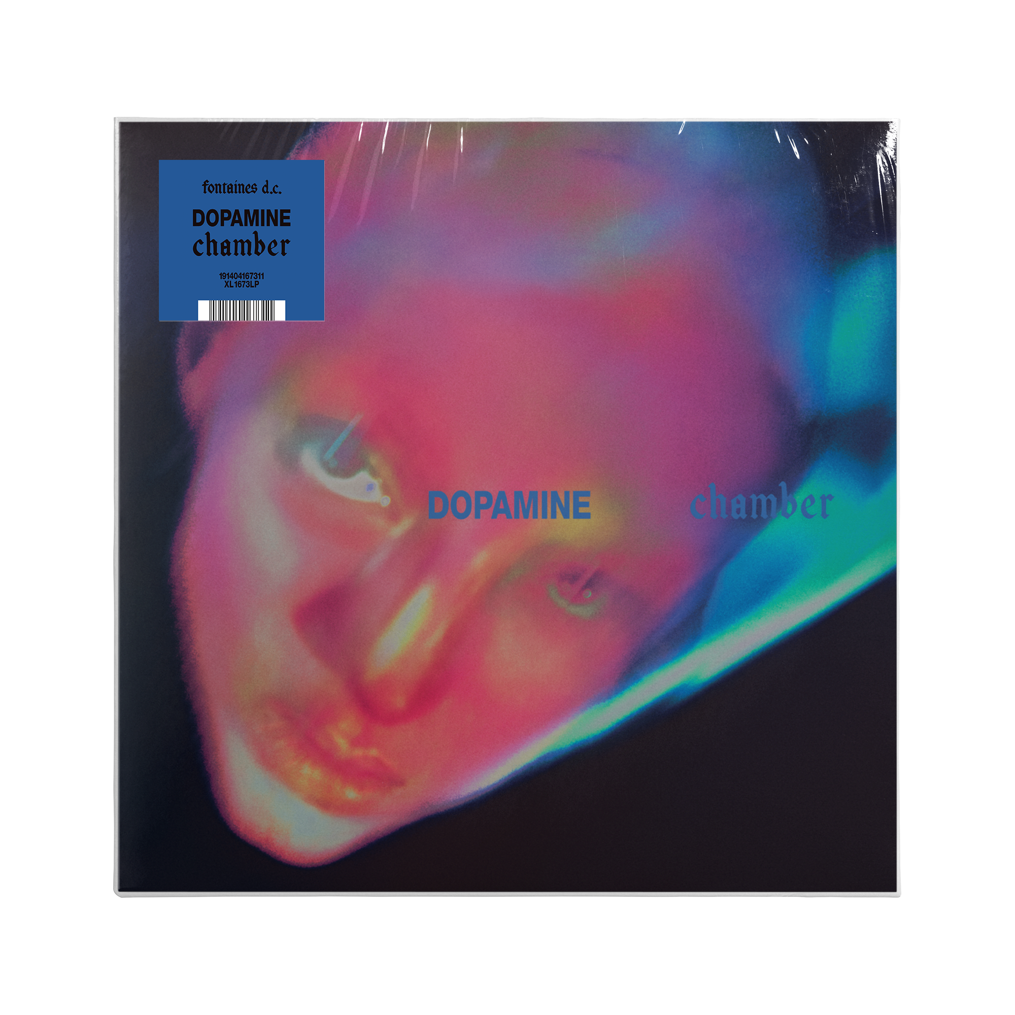 Vinyl record cover for 'Dopamine chamber', featuring a close-up portrait of a neon distorted face on a black background.