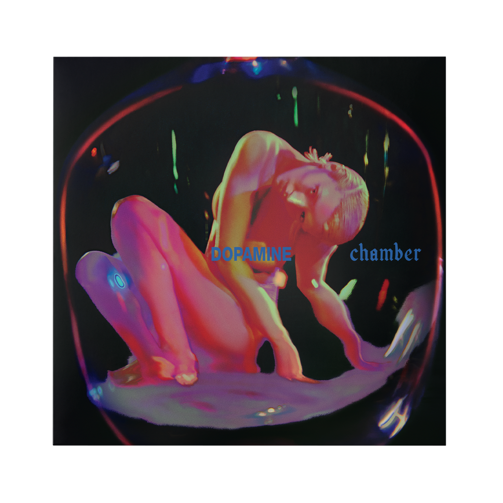 Album cover art for 'Dopamine chamber' featuring a neon-lit graphic of a female figure against a black background.