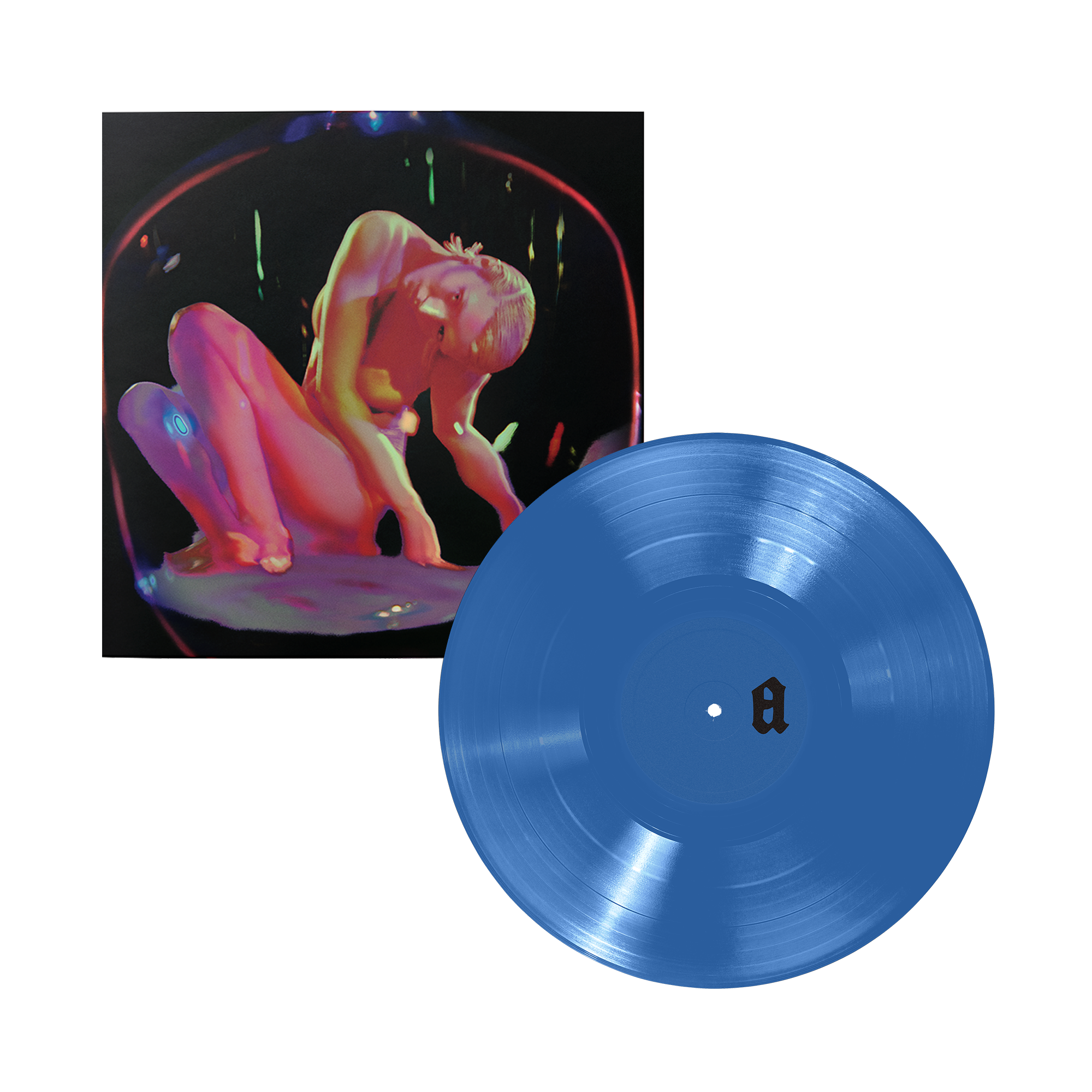 A blue vinyl record with its illustrated album cover, which features a neon-toned nude figure against a dark background.