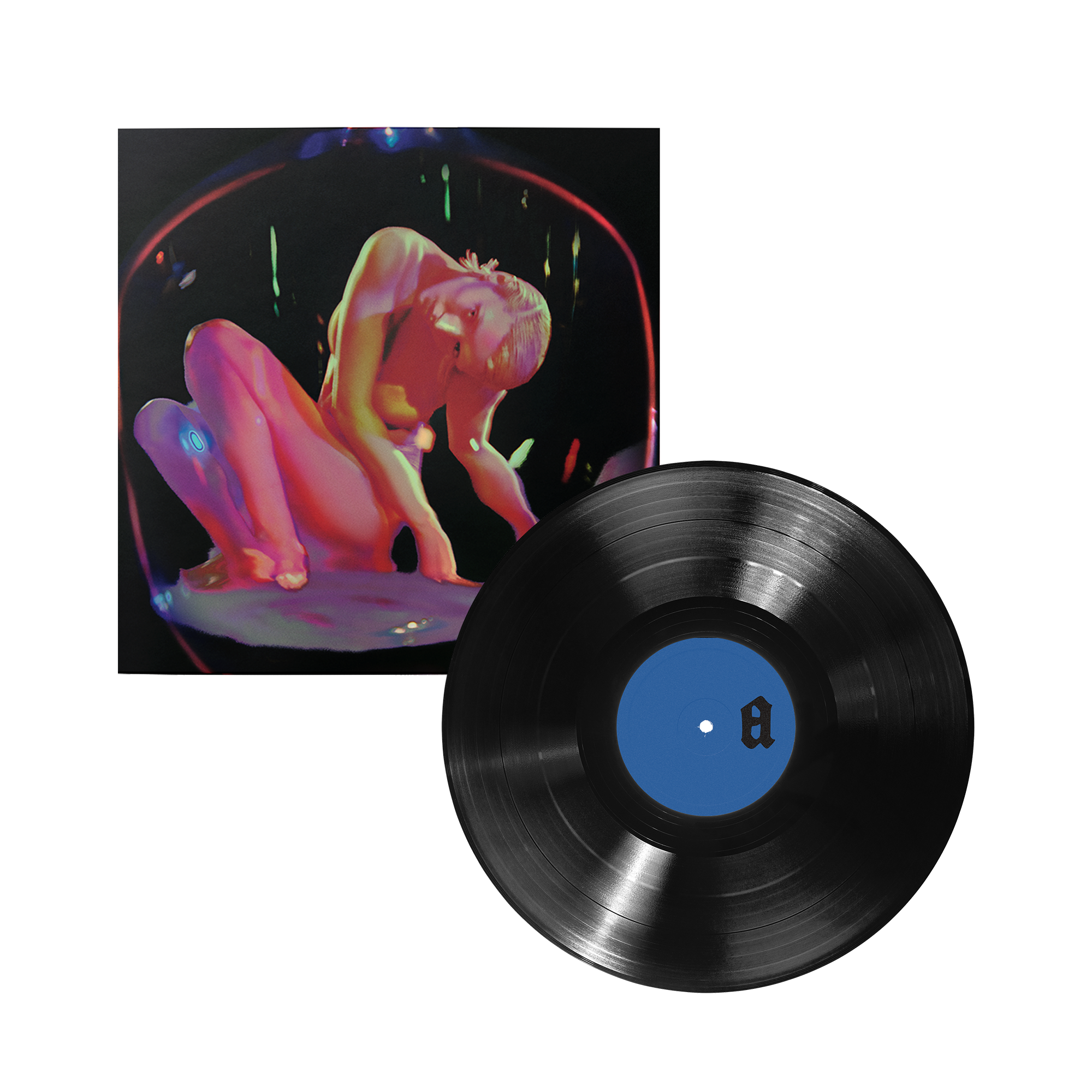 Vinyl album cover featuring neon graphic of a female and black vinyl with blue center.