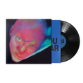 Vinyl cover with neon colorful graphic of a female on a black background with bright blue inner sleeve with bold black text. 