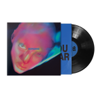 Vinyl cover with neon colorful graphic of a female on a black background with bright blue inner sleeve with bold black text. 