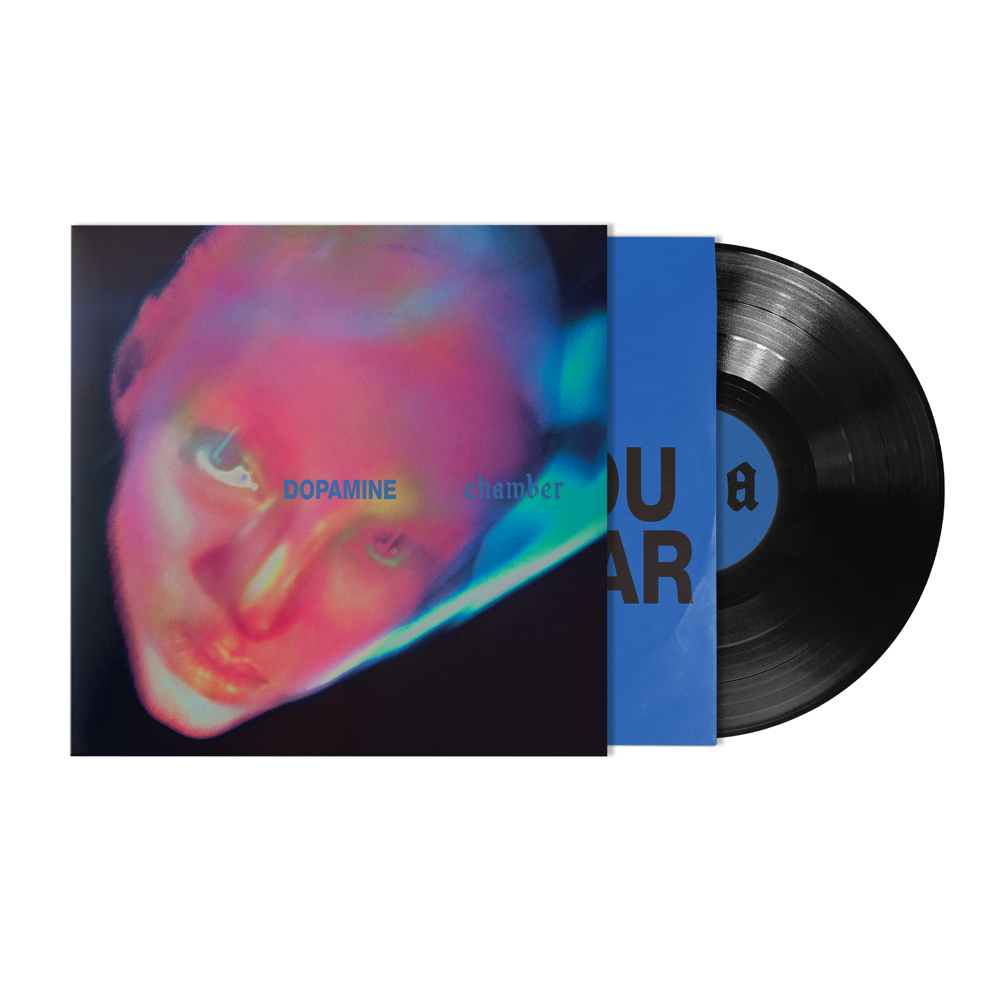 Vinyl cover with neon colorful graphic of a female on a black background with bright blue inner sleeve with bold black text. 
