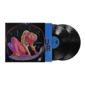 A vinyl record album with illustrated outer sleeve, a blue spine band, and two black records.