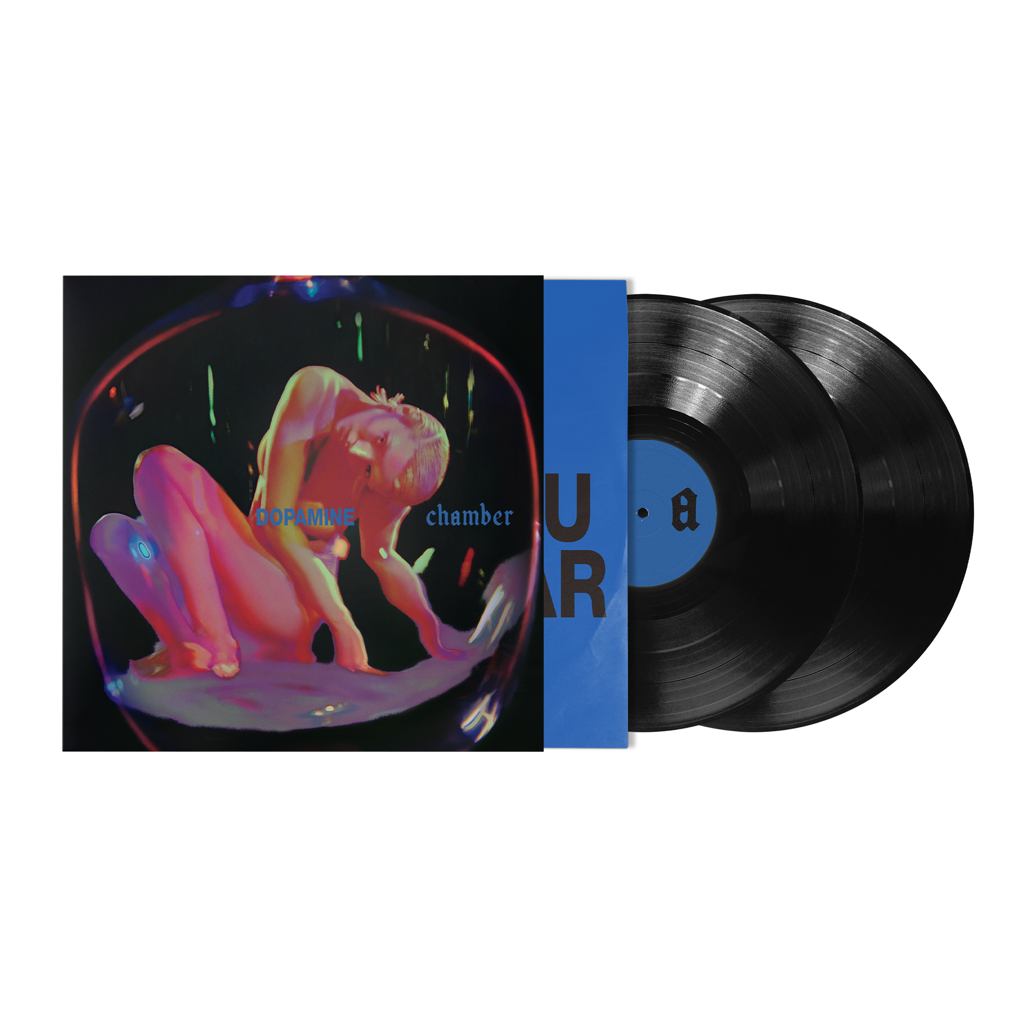 A vinyl record album with illustrated outer sleeve, a blue spine band, and two black records.