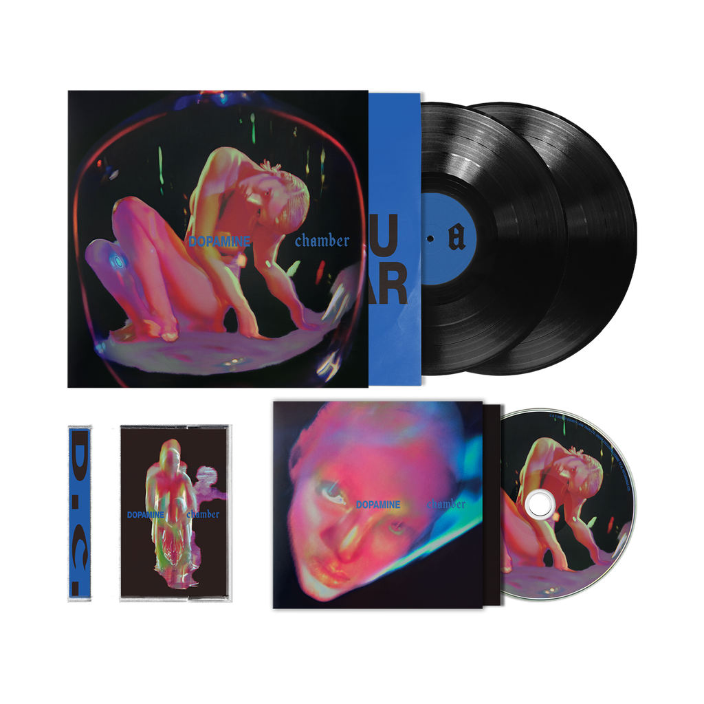 Fontaines DC Dopamine Chamber music bundle. Vinyl record album set with a square album cover, two black LP records, a CD, and a CD case. The cover art shows a surreal pink and blue human figure inside a dark frame.