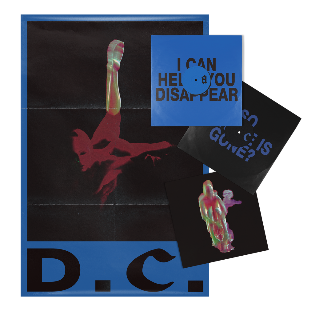 Fontaines DC Dopamine Chamber music bundle. A vinyl record package layout on a white background, featuring a large black-and-blue cover with a red abstract figure, a blue record sleeve reading 'I CAN HELP YOU DISAPPEAR,' a black single cover with blue text, and a small printed card with a red-and-green figure.