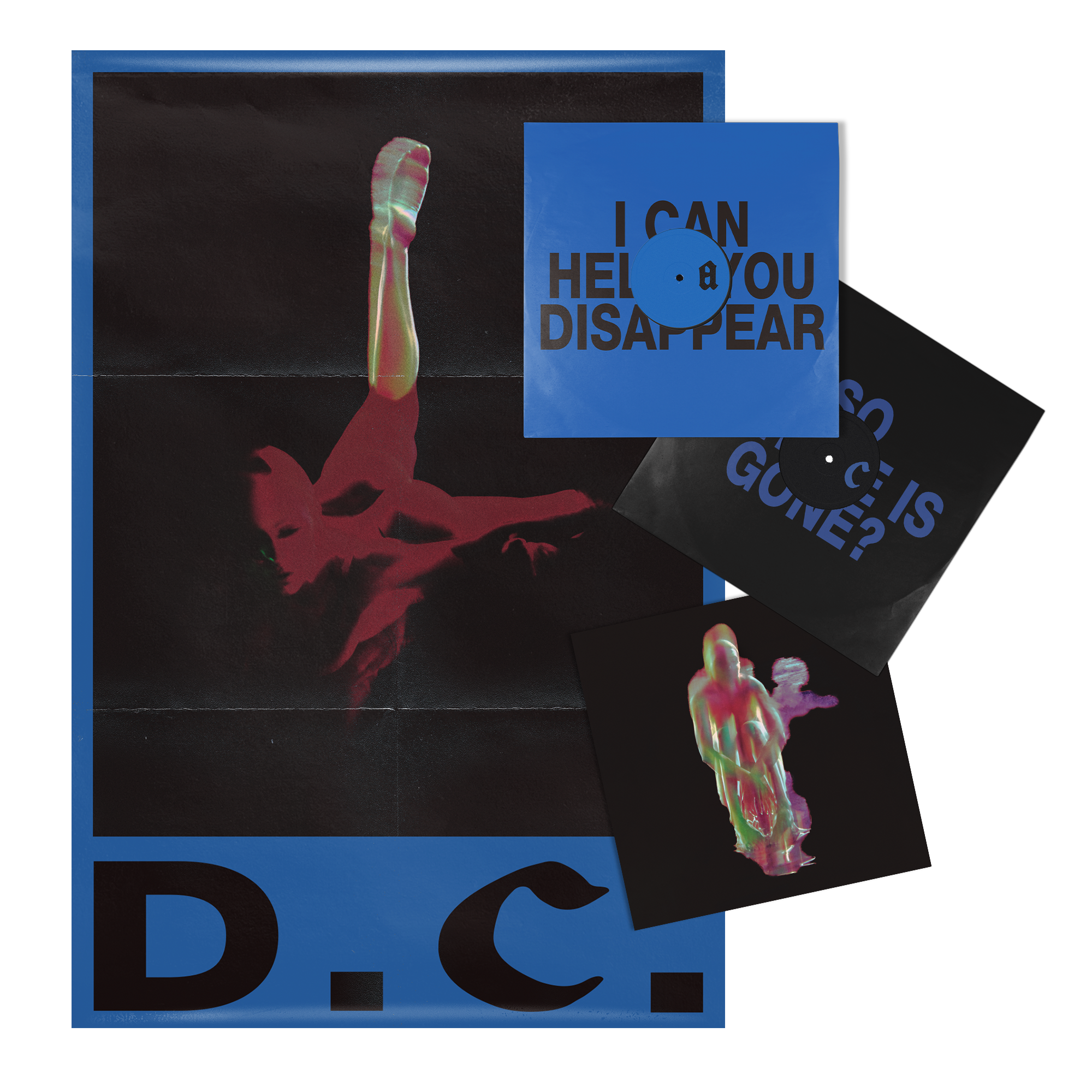 Fontaines DC Dopamine Chamber music bundle. A vinyl record package layout on a white background, featuring a large black-and-blue cover with a red abstract figure, a blue record sleeve reading 'I CAN HELP YOU DISAPPEAR,' a black single cover with blue text, and a small printed card with a red-and-green figure.