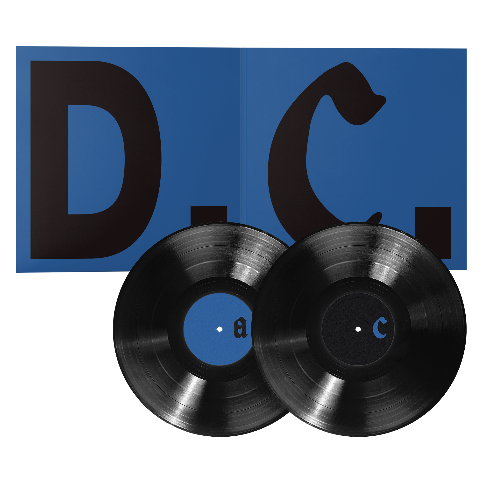 Fontaines DC Dopamine Chamber music bundle. Two black vinyl records with blue center labels are displayed in front of an open blue album cover featuring large black letters.