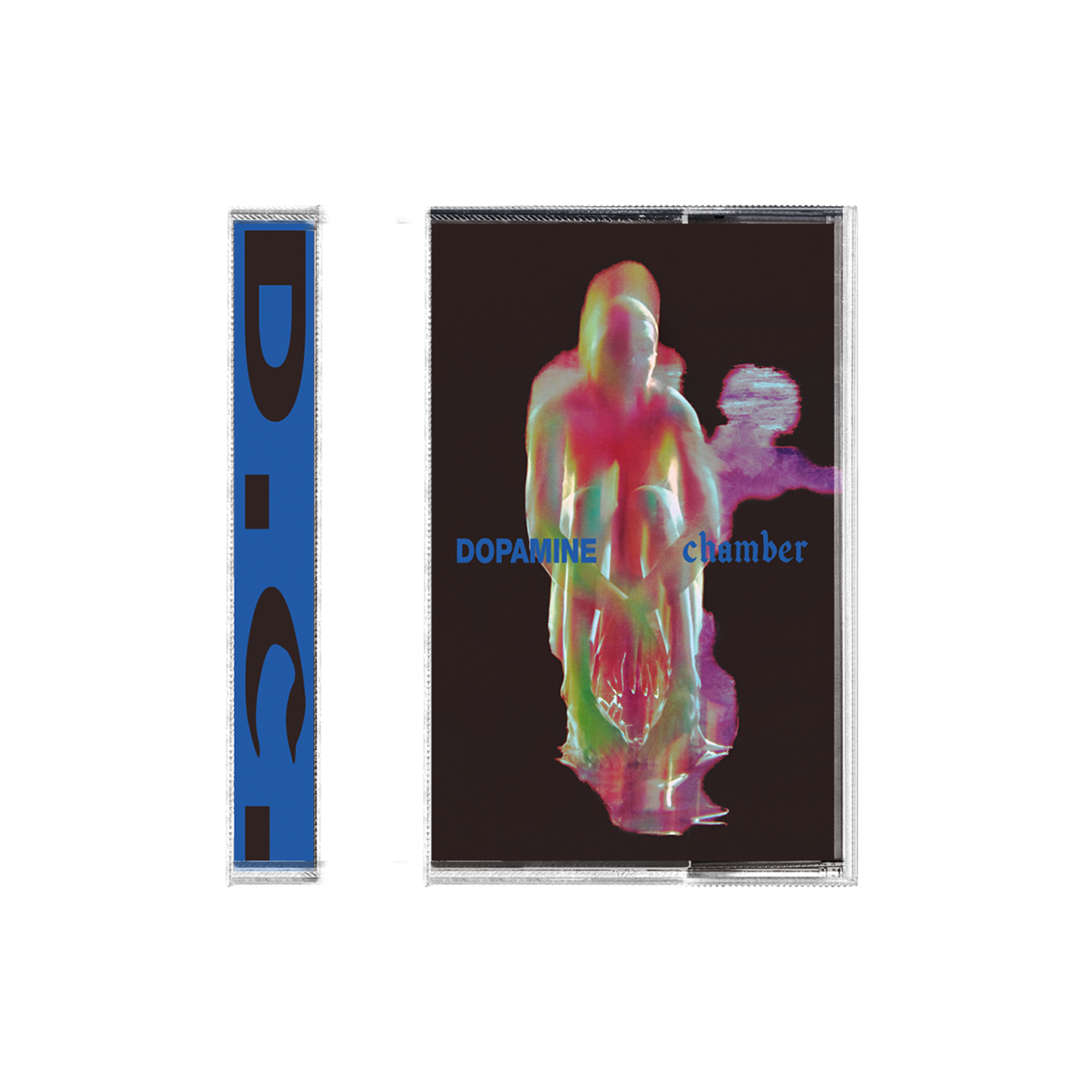 Fontaines DC Dopamine Chamber cassette. A double-sided cassette-style music release shown on a plain white background. The front cover features a dark brown background with a colorful, distorted human figure in pink, green, and yellow tones, with the text 'DOPAMINE chamber' in blue.